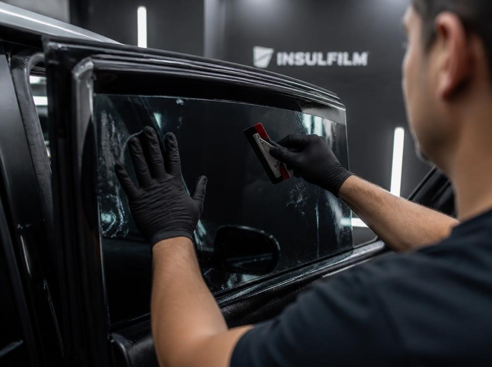 Aplicação de insulfilm no vidro lateral de um carro na Space Car